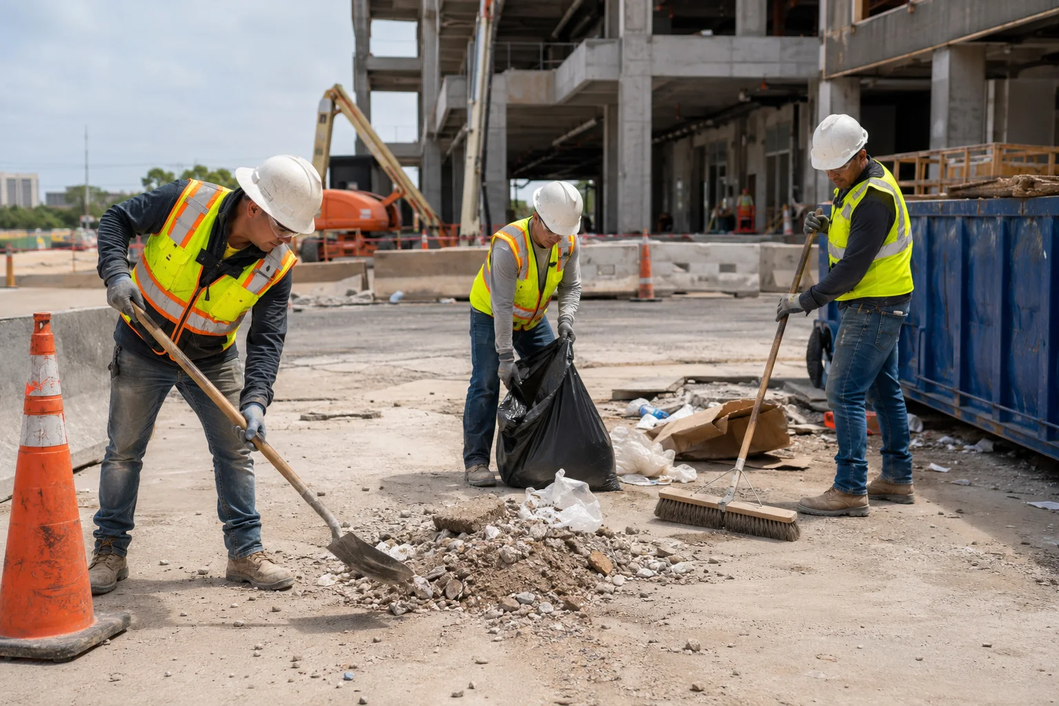 Cleanup crew sweeping and bagging debris on an Austin commercial site