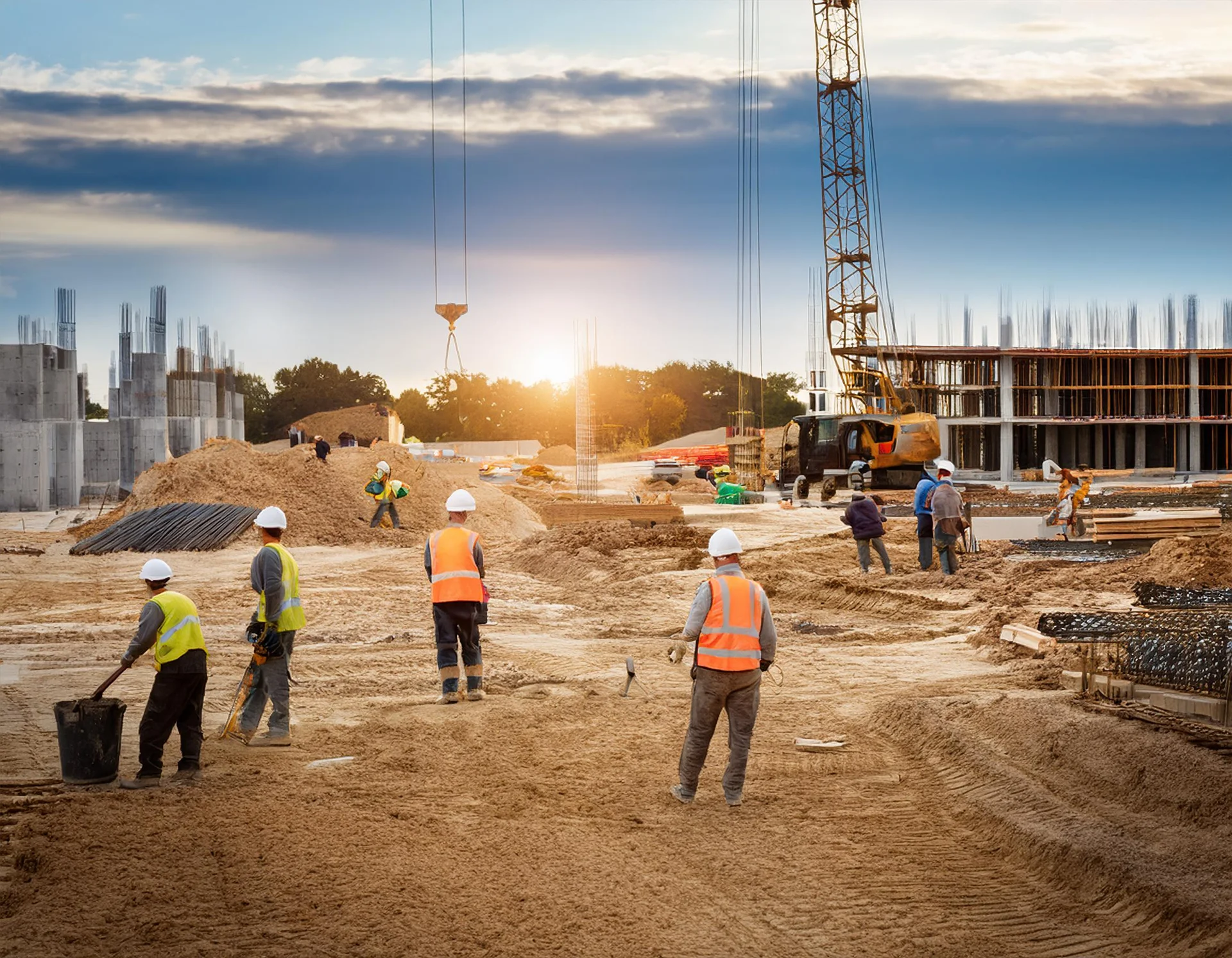 Cleanup crew working a San Antonio construction site at sunrise