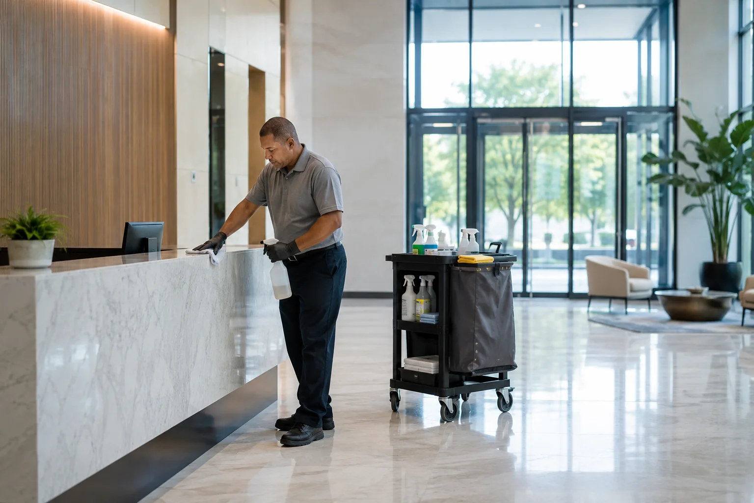 Day porter detailing a commercial lobby in Austin