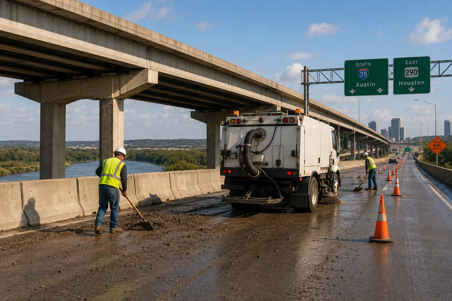 Street sweeper working an elevated Houston highway