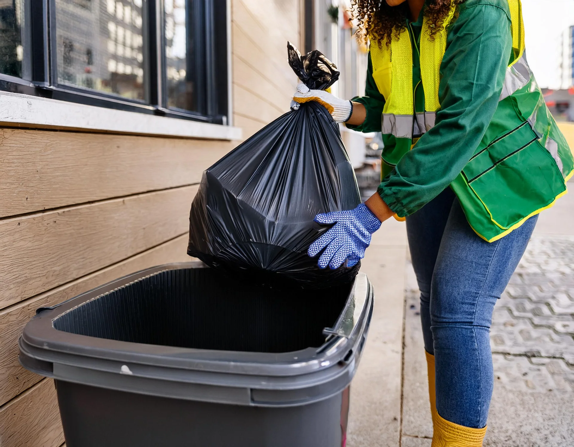 Porter collecting trash at a Dallas commercial property