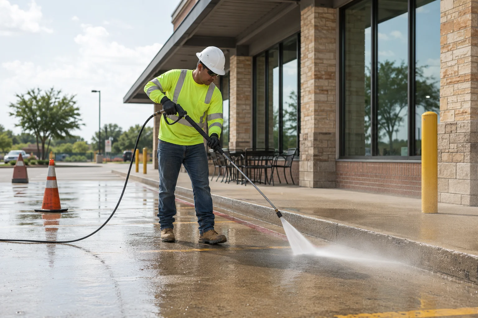 Pressure washing a storefront patio